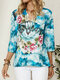 Colorful Cat Floral Print Pocket Long Sleeve Casual Blouse for Women - Blue