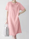 Women Solid Peter Pan Collar Short Sleeve Dress - Pink