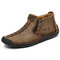 Men Hand Stitching Leather Non Slip Side Zipper Casual Boots - Khaki