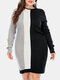 Plus Size Contrast Color Round Collar Casual Sweater Dress - Gray