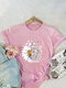 Daisy Letter Butterflies Print Short Sleeve T-shirt For Women - Pink