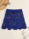 Solid Knitted Crochet Hollow Beach Cover-up Mini Skirt - Blue