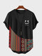 Mens Smile Ethnic Geometric Print Patchwork Curved Hem Short Sleeve T-Shirts - Black