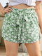 Floral Print Bowknot Stringy Selvedge Elastic Waist Plus Size Shorts - Green
