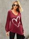 Heart Print Hollow Long Sleeve V-neck Irregular T-shirt - Wine Red