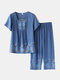 Damen Vintage Print Loungewear lockerer, atmungsaktiver Sommer-Pyjama mit quadratischem Kragen - Blau