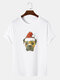 Mens 100% Cotton Christmas Hat Animal Graphic Crew Neck Short Sleeve T-Shirts - White