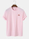 Mens Cat Head Chest Embroidery Cute Cotton Short Sleeve T-Shirts - Pink
