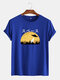 Mens Cotton Landscape Print Round Neck Casual Short Sleeve T-Shirts - Blue
