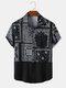 Mens Monochrome Paisley Scarf Print Street Short Sleeve Shirts - Black