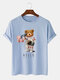 Mens Cartoon Astronaut Bear Print Cotton Short Sleeve Casual T-Shirt - Blue