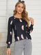 Feather Print Long Sleeve Crew Neck T-shirt For Women - Black