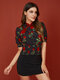 Oriental Flower Print Frog Button Shirred Stand Collar Blouse - Black
