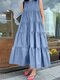 Women Solid Tiered Design Crew Neck Casual Sleeveless Dress - Blue