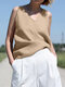 Solid V-neck Sleeveless Casual Cotton Tank Top For Women - Khaki