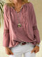 Solid Color Lace Patchwork Drawstring V-neck Blouse - Pink