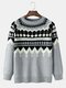 Mens Vintage Geometric Pattern Knit Casual Raglan Sleeve Sweaters - Gray
