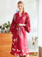 Plus Size Print Robe Silk Casual V-Neck Belt Long Sleeves Pajamas - Red