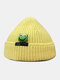 Unisex Knitted Solid Color Cartoon Frog Doll Decoration Letter Label Fashion Warmth Brimless Beanie Landlord Cap Skull Cap - Yellow