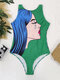 Mulher com estampa abstrata personalizada One peça gola alta sem mangas Emagrecer maiô - Verde