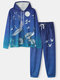 Mens Crane Print Kangaroo Pocket Street Drawstring Hoodies Two Pieces Outfits - Dark Blue