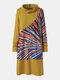 Vintage Multi-color Patch Printed Turtleneck Long Sleeve Dress - Yellow