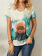 Landscape Print Short Sleeve V-neck Casual T-Shirt For Women - Gray
