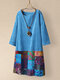 Vintage Ethnic Print Patchwork Plus Size Corduroy Dress - Blue