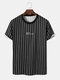 Mens Vertical Stripe Letter Print Casual Short Sleeve T-Shirts - Black