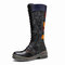 Socofy Casual Color Block Leather Patchwork Lace-up Comfortable Knee High Combat Boots - Black