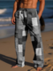 Pantalon droit en patchwork de blocs de couleurs pour hommes avec cordon de serrage à la taille - gris