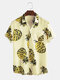Mens Pineapple Pattern Printed Chest Pocket  Loose Short Sleeve Shirts - Yellow