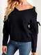 Solid Color Knitted Hollow Off-shoulder Long Sleeve Casual Sweater for Women - Dark blue