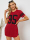 Number Print Crew Neck Striped Short Sleeves Long T-shirt - Red
