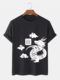 Mens Cartoon Chinese Dragon Print Crew Neck Short Sleeve T-Shirts - Black