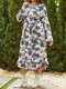 Tropical Leaf Print Knotted Waist Buttons Ruffled Hem Lapel Plus Size Dress - Gray