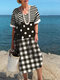 Vestido feminino listrado de bolinhas xadrez patchwork decote em V manga curta - Preto