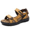 Men Outdoor Slip Resistant Hook Loop Cowhide Leather Sandals - Yellow