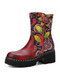 Socofy Retro Paisley Pattern Floral Print Leather Soft Comfortable Side Zipper Platform Tooling Boots - Red