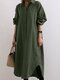 Solid Puff Long Sleeves Lapel Button Down Shirt Dress - Army Green