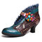 SOCOFY Lace Genuine Leather Splicing Floral Low Heel Elegant Pumps - Blue