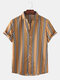 Mens Classic Striped Short Sleeve Casual Loose Turn Down Collar Shirts - Khaki
