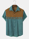 Mens Argyle Pattern Stitching Corduroy Short Sleeve Shirts - Cyan
