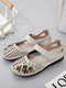 SOCOFY Leather Floral Round Toe Cutout Flat Hand-stitched Casual Sandals - Beige