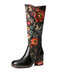 Sاوكوفي ريترو ديكور الأزهار جلد الغنم سستة جانبية مريحة مجتمعة أحذية عالية الكعب مكتنزة للركبة - أسود