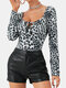 Leopard Print Knotted Long Sleeve Blouse For Women - Gray