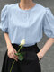 Puff Sleeve Solid Color Short Sleeve Crew Neck Casual Blouse - Blue