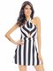 Women Sexy Stripe Halter Hollow Pleated Backless Sleeveless Mini Dress - Black&White
