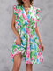 Tropical Flower Leaves Print Pleated Sleeve Wrap V-neck Dress - Blue Red
