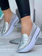 Women's Comfortable Causal Round Toe Large Size Slip On Platform Sneakers - Silver